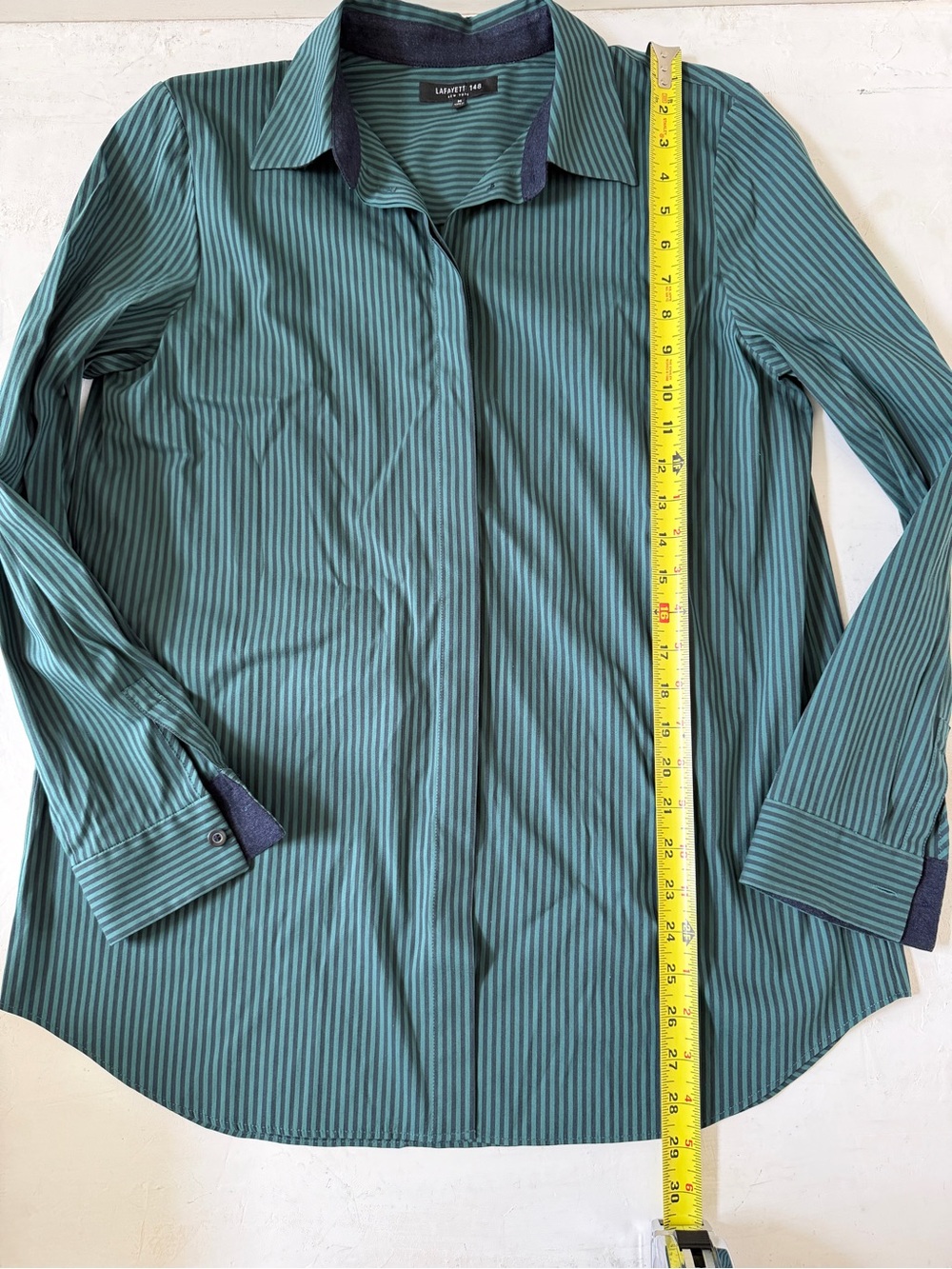 Lafayette 148 New York dark green and black striped button-down shirt Size M - Picture 6 of 7
